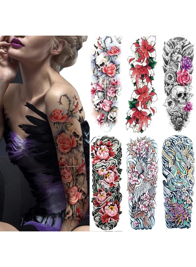 Leoars Large Temporary Tattoos Sticker Full Arm Flowers Tattoo Sleeves Temporary Sleeve Tattoos Fake Body Art Arm Tattoo for Men Women, 6-Sheet - Image 1