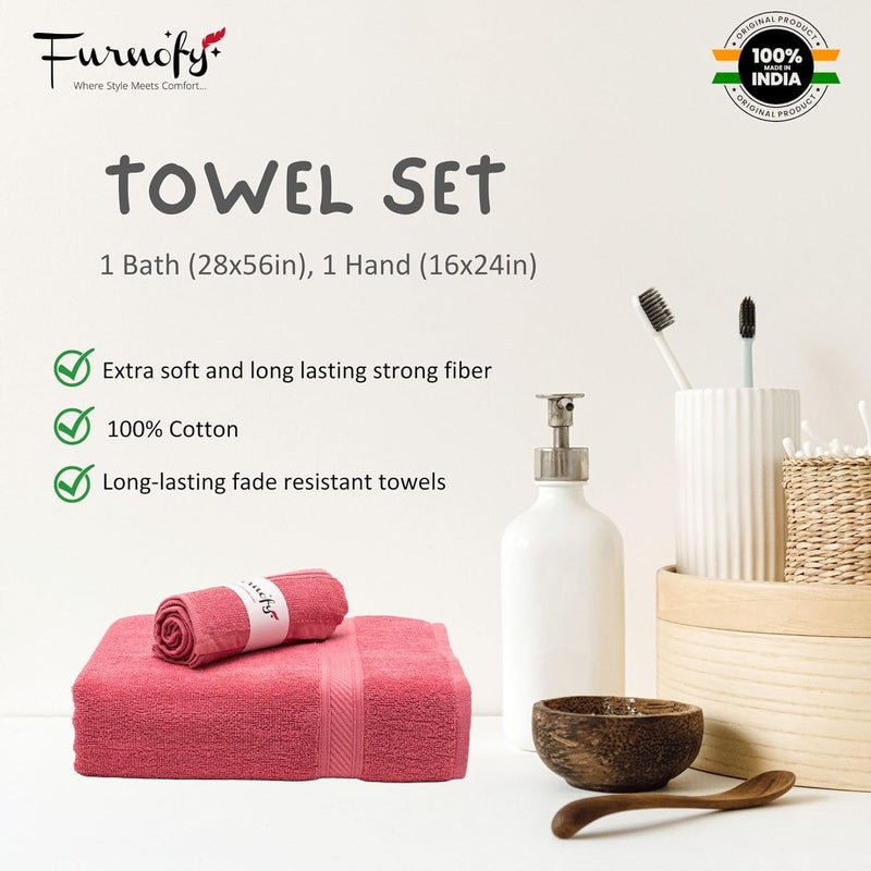 Furnofy 450 GSM Cotton Towel Set of 2 1 Bath 70x140 cm 1 Hand 40x60 cm Highly Absorbent and Soft Bathroom Towels Pack of 2 Pink - Image 4
