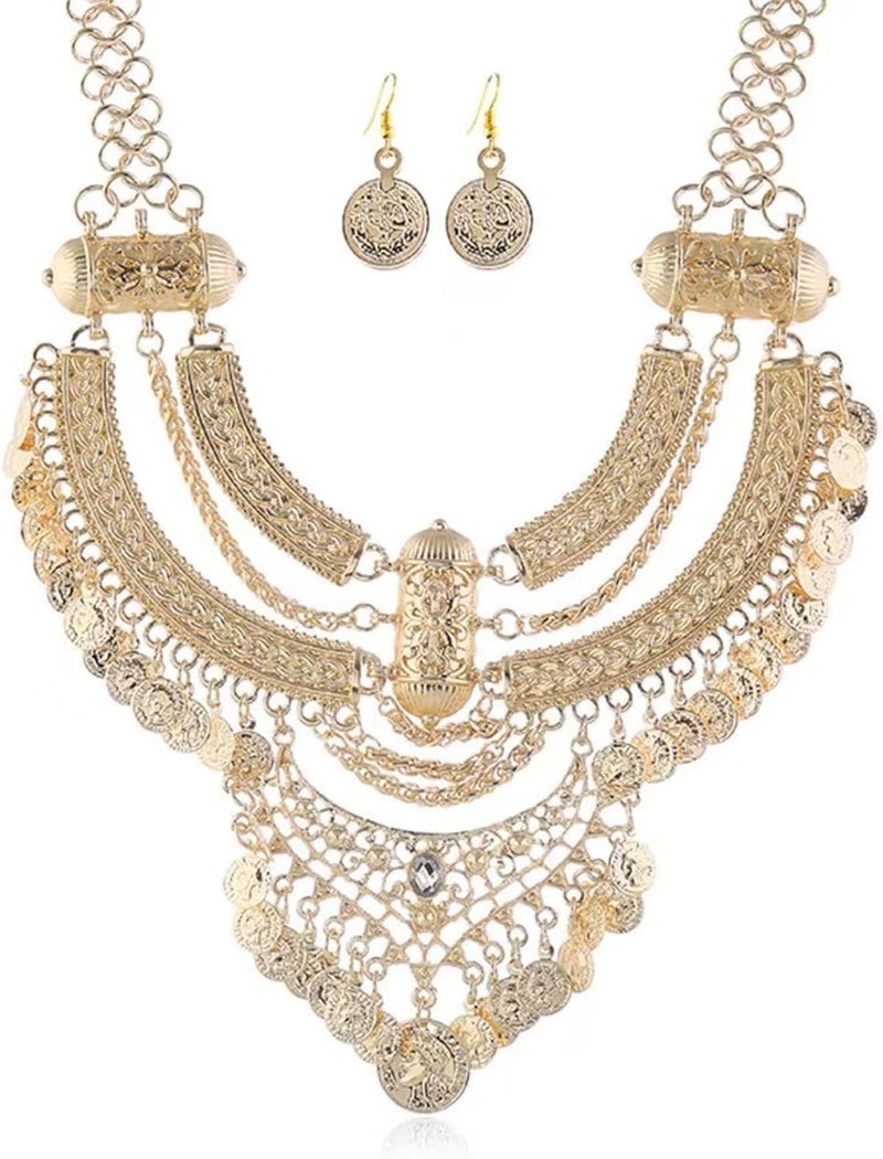 Fashion Bib Bohemian Statement Necklace Punk Ethnic Necklaces and Earrings Set for Women