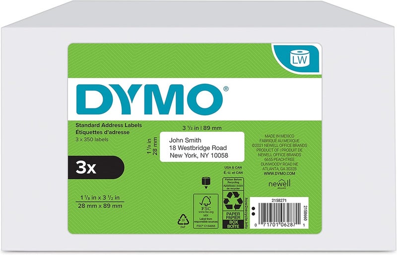 Dymo Authentic LW Mailing Address Labels for LabelWriter Label Printers, (1-1/8" x 3-1/2"), 3 Rolls of 350 (1050 Total) - Image 1