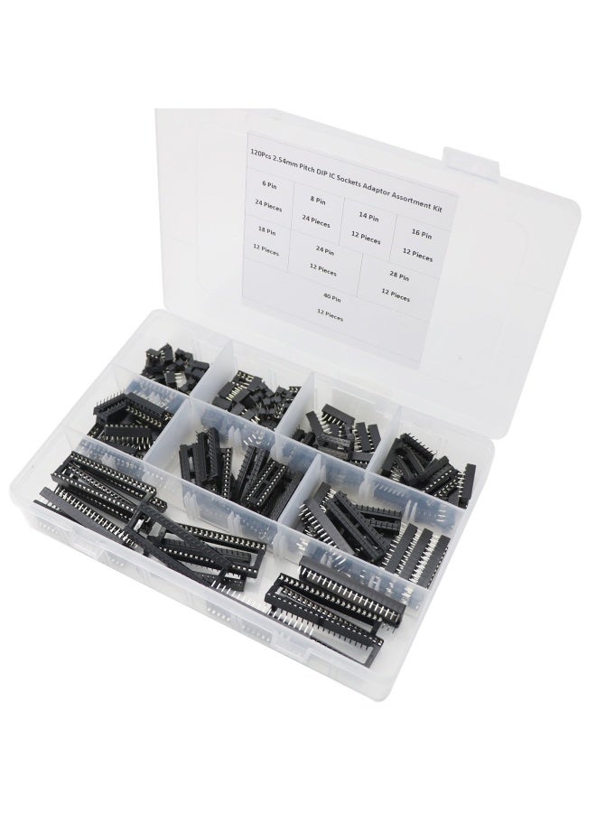 Zovfam  120Pcs 2.54mm Pitch Dual Row DIP IC Sockets Solder Type Adaptor Assortment Kit -6 8 14 16 18 24 28 40 Pin IC Socket  - Image 3
