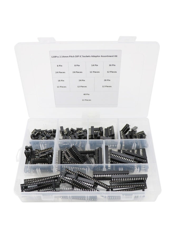 Zovfam  120Pcs 2.54mm Pitch Dual Row DIP IC Sockets Solder Type Adaptor Assortment Kit -6 8 14 16 18 24 28 40 Pin IC Socket  - Image 1