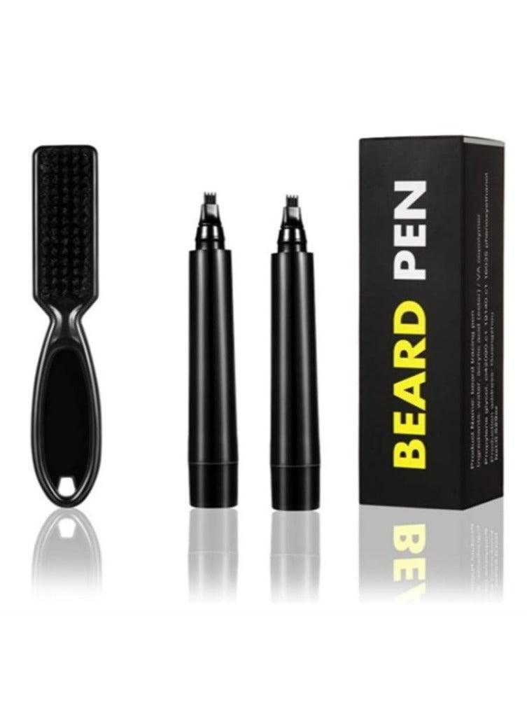 Beard Filler Pen Set, 2 Beard Filler Pens with Beard Brush, Black Beard Pencils, Eyebrow Pencils, Waterproof, Effective Improvement Facial Hair, Beard Pen for Moustache u0026 Eyebrows - Image 1