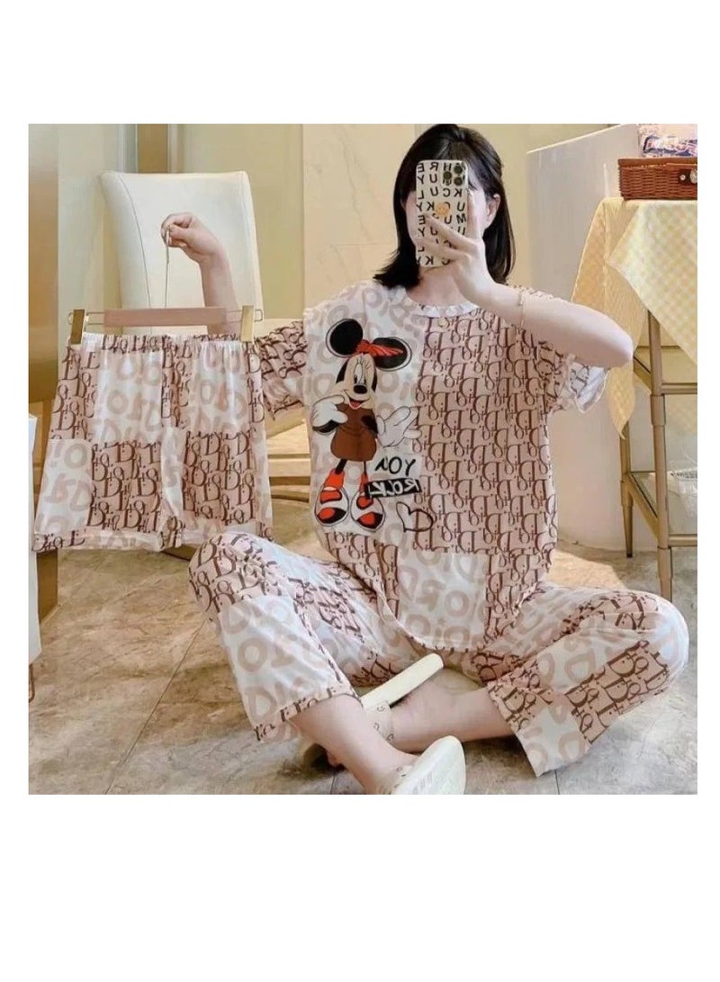 بيج طقم بيجامة نوم فضفاض مكون من 3 قطع بأكمام قصيرة وطبعة كرتونية لطيفة للنساء - Image 1