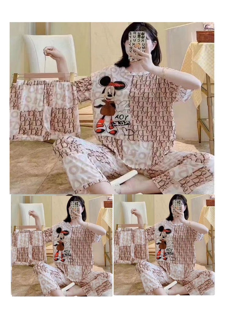 بيج طقم بيجامة نوم فضفاض مكون من 3 قطع بأكمام قصيرة وطبعة كرتونية لطيفة للنساء - Image 2