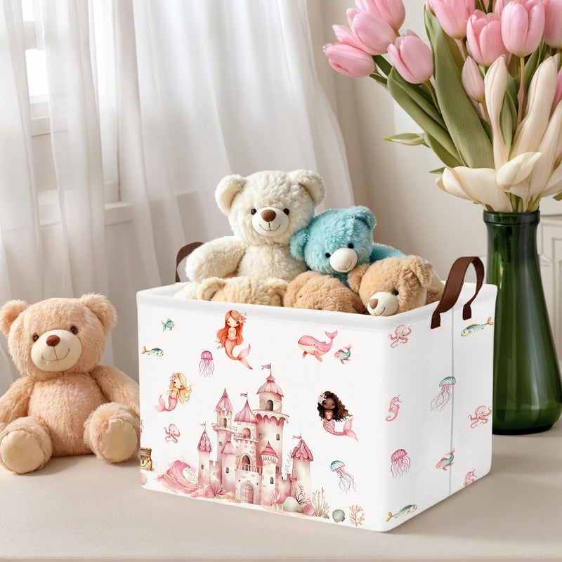 SETAMA Cute Rectangle Baby Girl Gift Basket Toy Storage Bin Nursery Playroom Bedroom Decor (Pink Castle) - Image 2