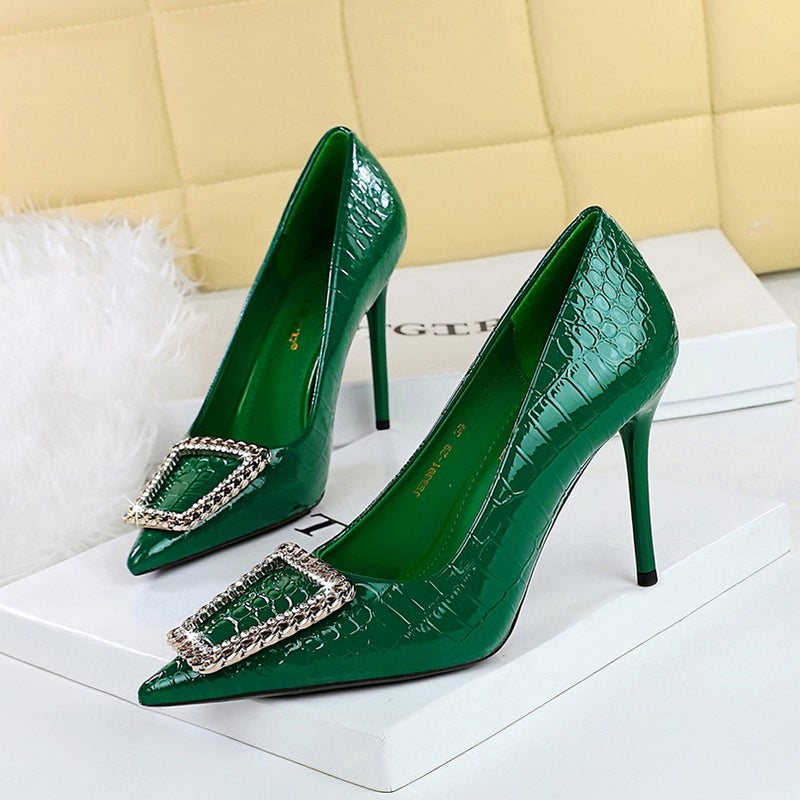 3391-K66 Style Banquet High Heels Stiletto Stone Pattern Patent Leather Shallow Mouth Pointed Buckle High Heel Shoes - Image 4