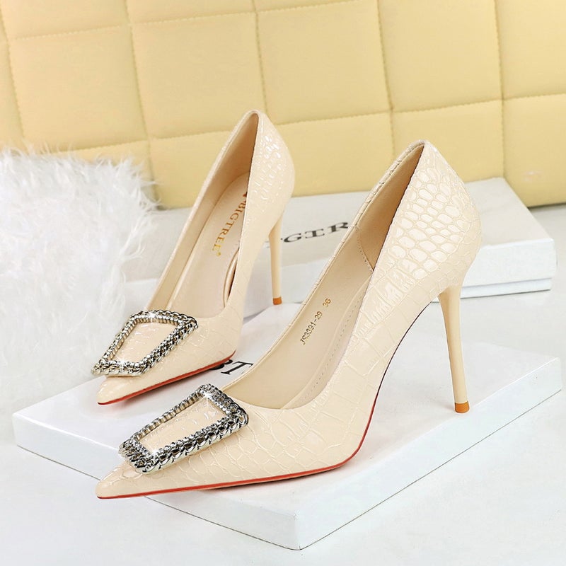 3391-K66 Style Banquet High Heels Stiletto Stone Pattern Patent Leather Shallow Mouth Pointed Buckle High Heel Shoes - Image 5