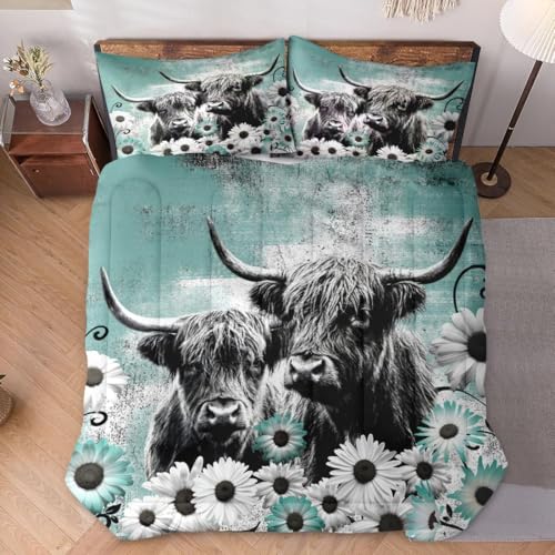 WeCozy Comforter Set Queen Size with 2 Pillowcases Highland Cow Animal 3 Pcs Bedding for Kids and Adults Farm Daisy Soft Comforter Set for Bedroom Bed Decor - Image 3