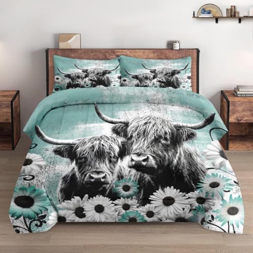 WeCozy Comforter Set Queen Size with 2 Pillowcases Highland Cow Animal 3 Pcs Bedding for Kids and Adults Farm Daisy Soft Comforter Set for Bedroom Bed Decor - Image 1