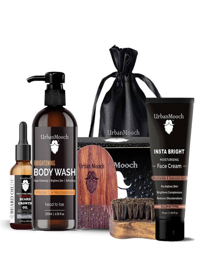 إربان موتش مجموعة العناية الشخصية للرجال من أوربان موتش ٥ في ١ - غسول للجسم بفيتامين سي، زيت لنمو اللحية، كريم لتفتيح البشرة، مشط للحية وفرشاة لحية بشعيرات الخنزير البري | مجموعة كاملة للعناية باللحية والبشرة - Image 1