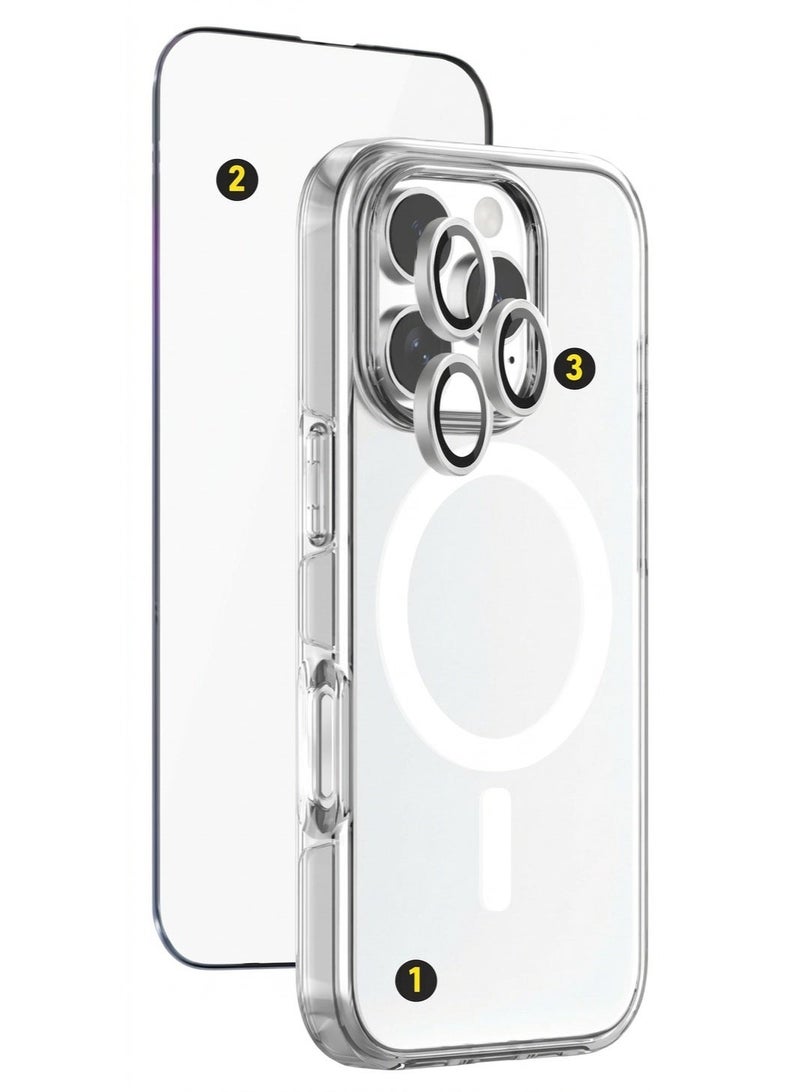 اى او سويت حزمة حماية iOsuite 3 في 1 لهاتف iPhone 16 Pro – كفر شفاف يدعم MagSafe مع واقي شاشة HD وواقي عدسة الكاميرا، حماية عسكرية من السقوط 8 قدم، مضاد للاصفرار - Image 1