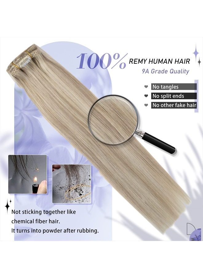 Clip in Hair Extensions Real Human Hair Blonde Real Hair Clip in Extensions Ash Blonde Highlight with Blonde Double Weft Hair Extensions Clip in Human Hair Full Head 20inch 7Pieces 120Grams