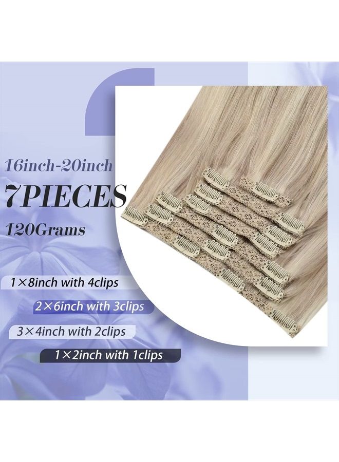 Clip in Hair Extensions Real Human Hair Blonde Real Hair Clip in Extensions Ash Blonde Highlight with Blonde Double Weft Hair Extensions Clip in Human Hair Full Head 20inch 7Pieces 120Grams