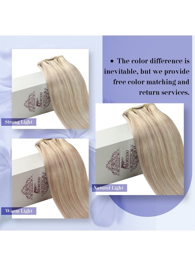 Clip in Hair Extensions Real Human Hair Blonde Real Hair Clip in Extensions Ash Blonde Highlight with Blonde Double Weft Hair Extensions Clip in Human Hair Full Head 20inch 7Pieces 120Grams