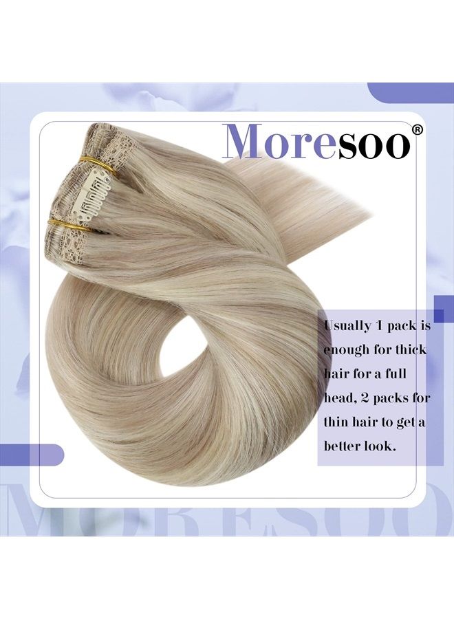 Clip in Hair Extensions Real Human Hair Blonde Real Hair Clip in Extensions Ash Blonde Highlight with Blonde Double Weft Hair Extensions Clip in Human Hair Full Head 20inch 7Pieces 120Grams