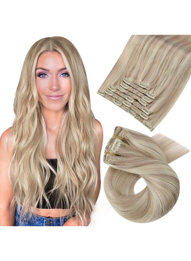 Clip in Hair Extensions Real Human Hair Blonde Real Hair Clip in Extensions Ash Blonde Highlight with Blonde Double Weft Hair Extensions Clip in Human Hair Full Head 20inch 7Pieces 120Grams