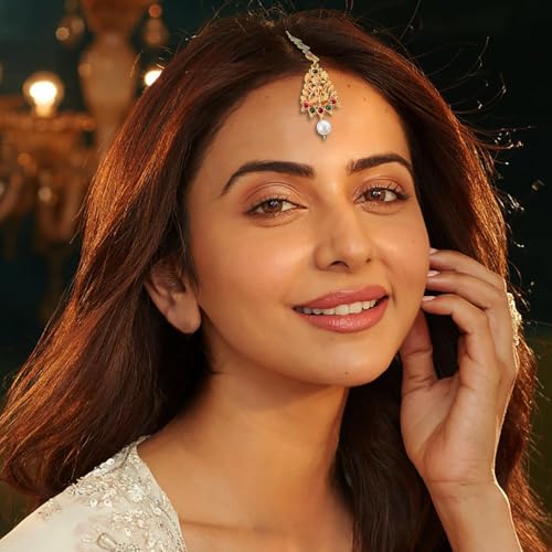 Accessher Matte Gold Plated Temple Jewellery Inspired Laksmi Mata Maang Tikka/Maang Tika Embellished with Ruby and Emerald for Women and Girls Pack of 1 - Image 2