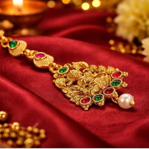 Accessher Matte Gold Plated Temple Jewellery Inspired Laksmi Mata Maang Tikka/Maang Tika Embellished with Ruby and Emerald for Women and Girls Pack of 1 - Image 5
