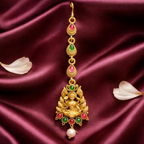 Accessher Matte Gold Plated Temple Jewellery Inspired Laksmi Mata Maang Tikka/Maang Tika Embellished with Ruby and Emerald for Women and Girls Pack of 1 - Image 4