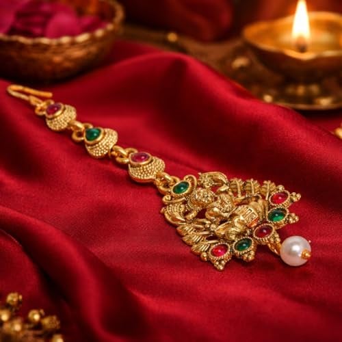 Accessher Matte Gold Plated Temple Jewellery Inspired Laksmi Mata Maang Tikka/Maang Tika Embellished with Ruby and Emerald for Women and Girls Pack of 1 - Image 3