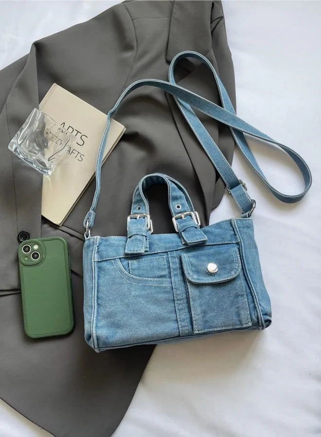 Take Two Blue Denim Handbag with Flap Pocket