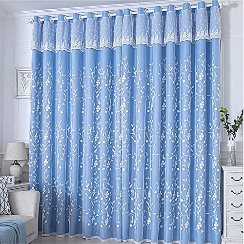 Amidoudou 1 Pair Double Layer Flower Curtains for Girls Room Living Room Pastoral Flowers and Leaf Embroidered Curtains for Bedroom Blue54x84 Inch - Image 3