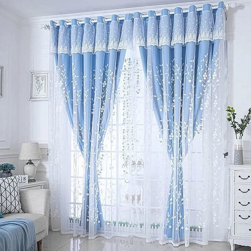 Amidoudou 1 Pair Double Layer Flower Curtains for Girls Room Living Room Pastoral Flowers and Leaf Embroidered Curtains for Bedroom Blue54x84 Inch - Image 2