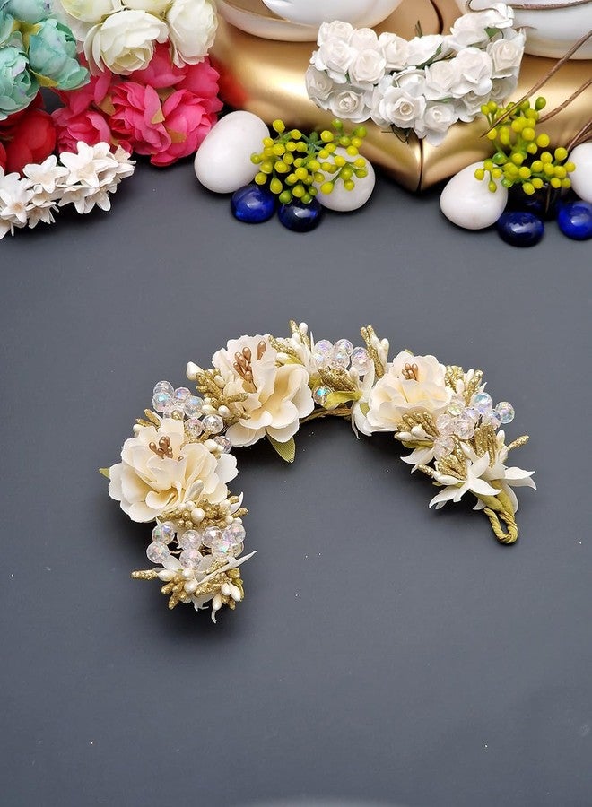 Twinsho Bridal Hair Gajra with Roses, Crystal Beads and Gold Accents, Handcrafted Hair Accessory, Wedding Flower Hair Gajra for Women and Bridal (White) - Image 1