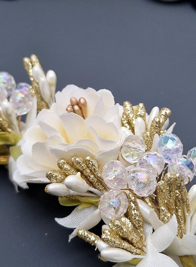 Twinsho Bridal Hair Gajra with Roses, Crystal Beads and Gold Accents, Handcrafted Hair Accessory, Wedding Flower Hair Gajra for Women and Bridal (White) - Image 3