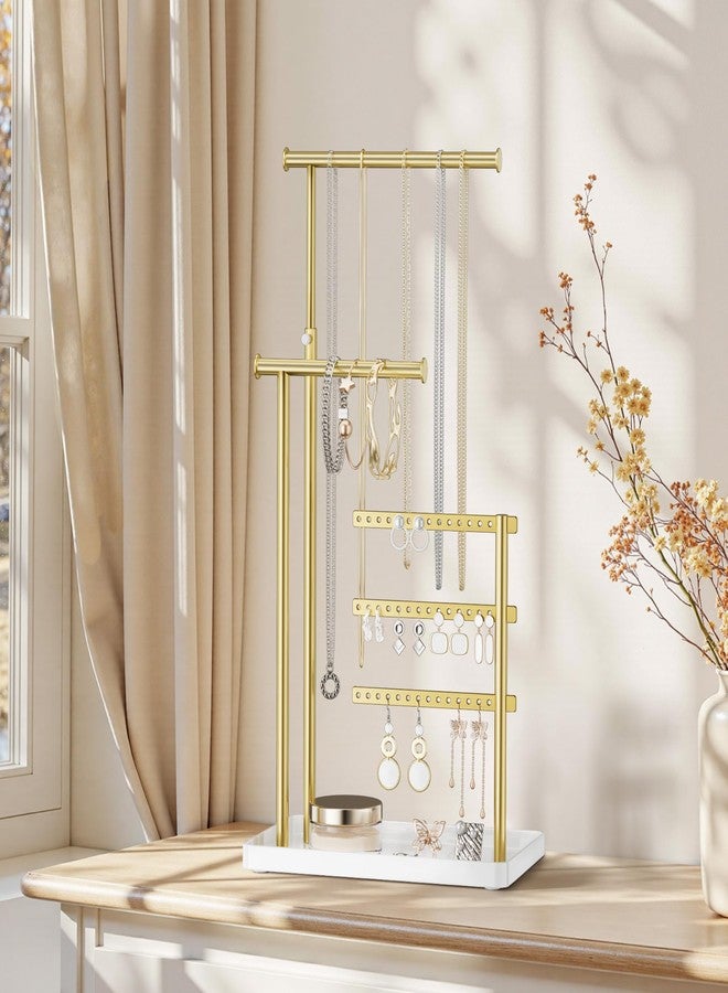 susswiff Jewelry Holder Organizer Stand - Adjustable Tall 17.5" (Max), Sturdy Jewelry Hanger for Necklaces, Earrings, Bracelets, Rings, Jewlery Display and Storage, Gold and White, Metal - Image 2