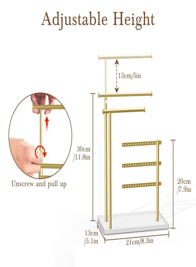 susswiff Jewelry Holder Organizer Stand - Adjustable Tall 17.5" (Max), Sturdy Jewelry Hanger for Necklaces, Earrings, Bracelets, Rings, Jewlery Display and Storage, Gold and White, Metal - Image 3