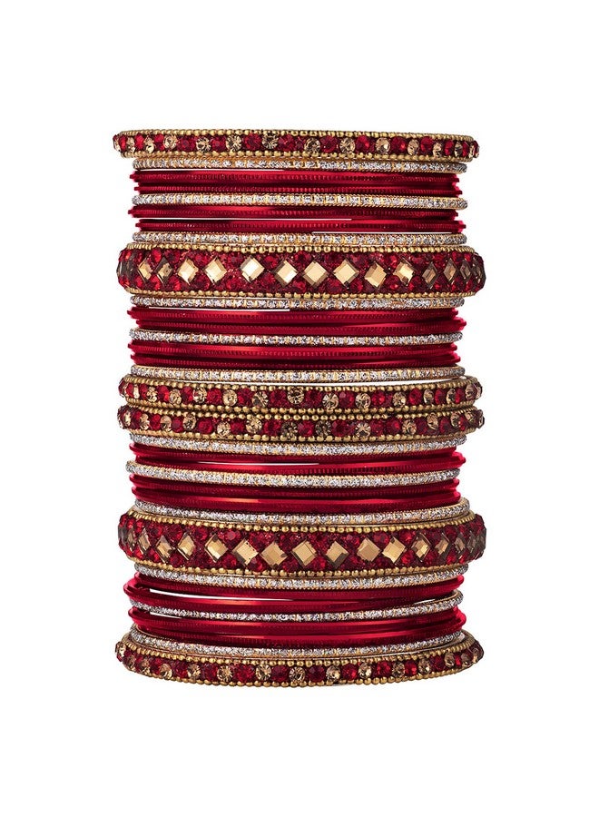 Peora Gold Plated Red Diamond Metal Chuda Chura Bangle Set Indian Traditional Bridal Fashion Jewellery for Women Girls Navratri Gift (Size - 2.6) - Image 1