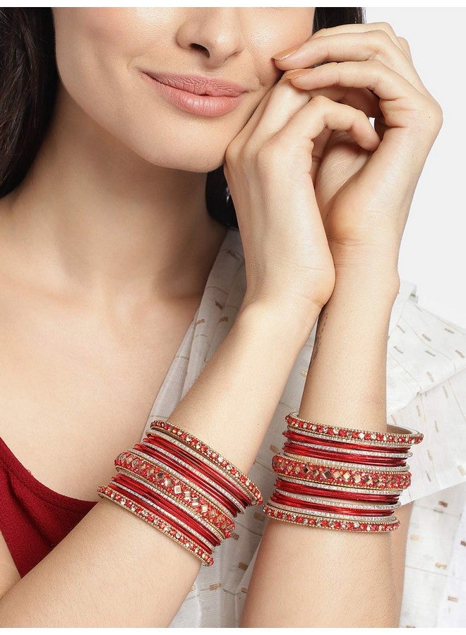 Peora Gold Plated Red Diamond Metal Chuda Chura Bangle Set Indian Traditional Bridal Fashion Jewellery for Women Girls Navratri Gift (Size - 2.6) - Image 2