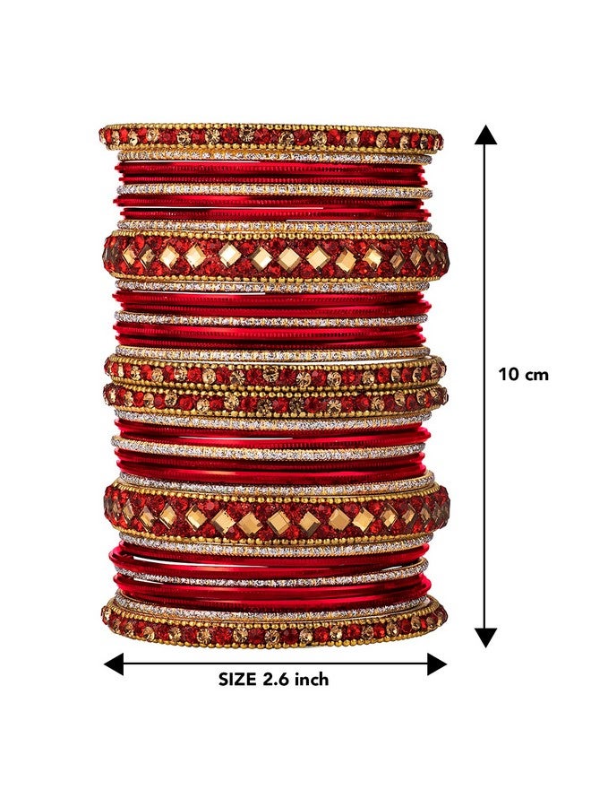 Peora Gold Plated Red Diamond Metal Chuda Chura Bangle Set Indian Traditional Bridal Fashion Jewellery for Women Girls Navratri Gift (Size - 2.6) - Image 5