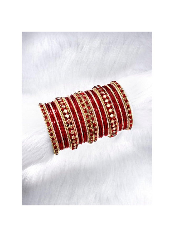 Peora Gold Plated Red Diamond Metal Chuda Chura Bangle Set Indian Traditional Bridal Fashion Jewellery for Women Girls Navratri Gift (Size - 2.6) - Image 3