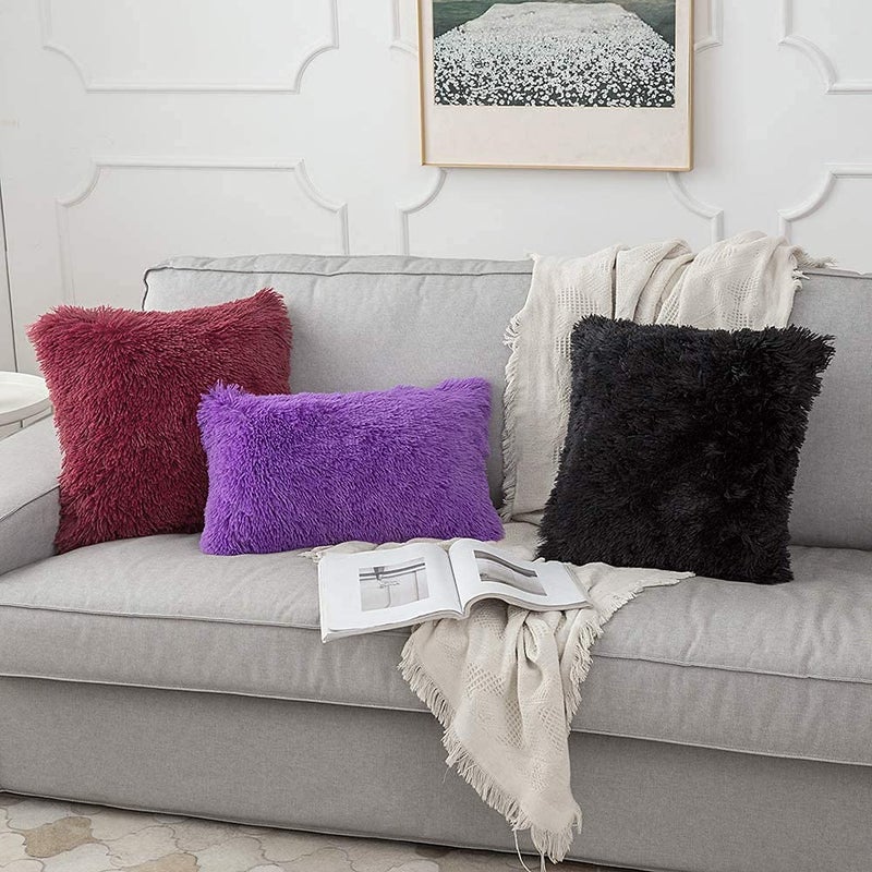 Cottonfry Pack of 2 Luxury Fur Shaggy Fluffy Throw Pillow Set Soft Deluxe Decorative Plush Fleece Pillowcases for Cushion Couch Sofa Bedroom Home Purple 16 x 16 - Image 3