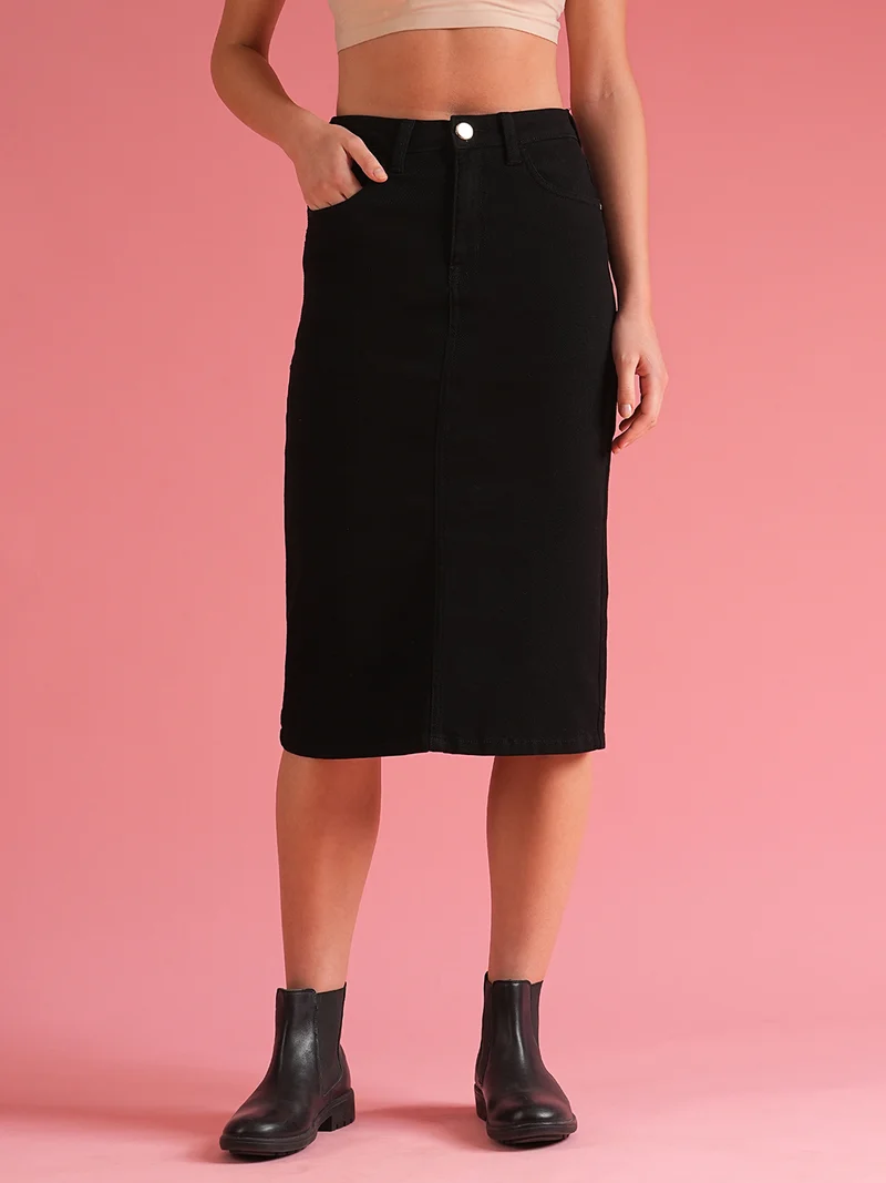 globus Women Black Back Slit Denim Pencil Skirt