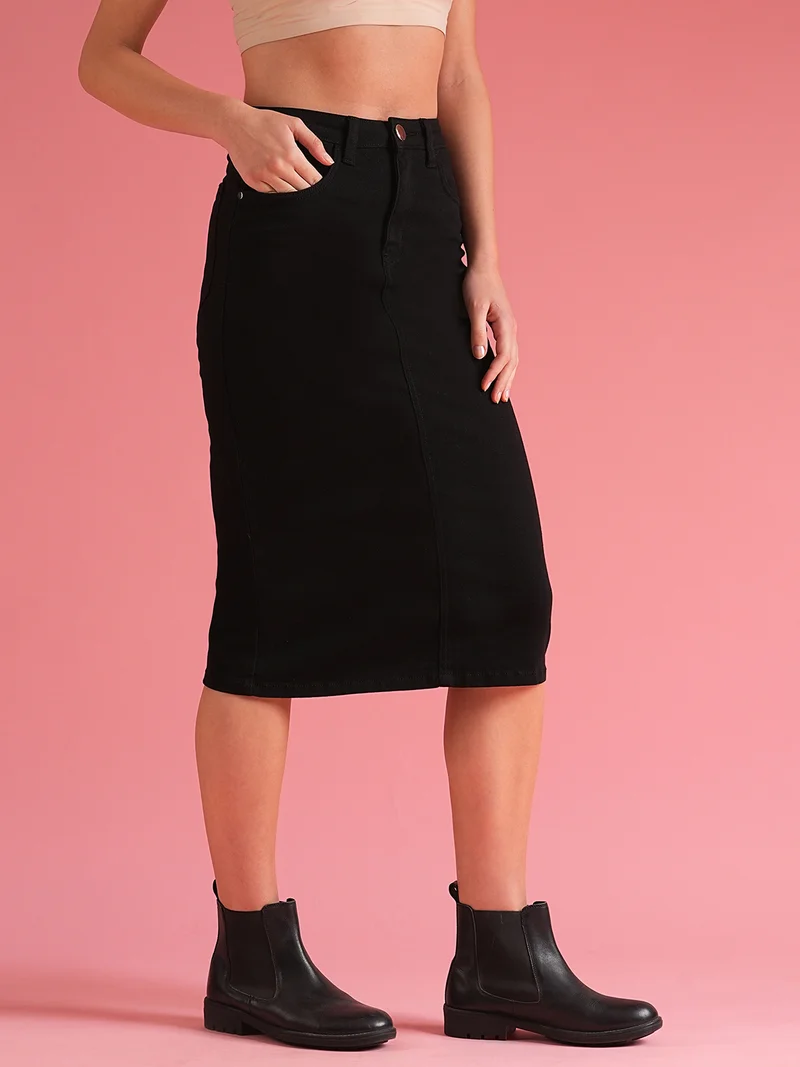 globus Women Black Back Slit Denim Pencil Skirt