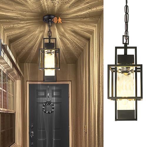 PARTPHONER Motion Sensor 15" Outdoor Pendant Light Exterior Hanging Lantern, Modern Black Metal Outside Chandelier Light Fixture Ceiling Mount with Water Glass for Front Porch Entrance Foyer Entryway - Image 1