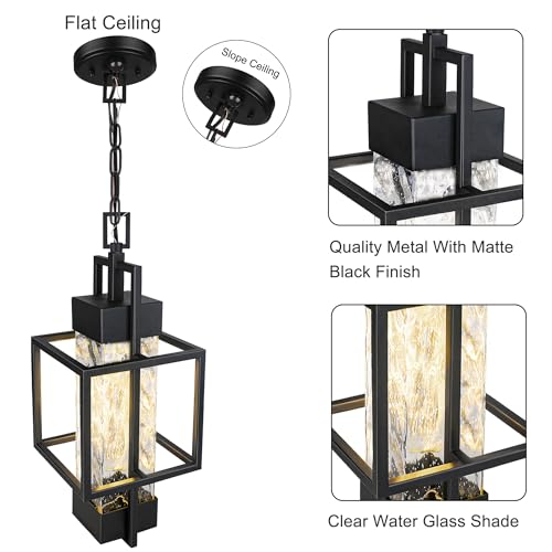 PARTPHONER Motion Sensor 15" Outdoor Pendant Light Exterior Hanging Lantern, Modern Black Metal Outside Chandelier Light Fixture Ceiling Mount with Water Glass for Front Porch Entrance Foyer Entryway - Image 4