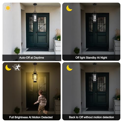 PARTPHONER Motion Sensor 15" Outdoor Pendant Light Exterior Hanging Lantern, Modern Black Metal Outside Chandelier Light Fixture Ceiling Mount with Water Glass for Front Porch Entrance Foyer Entryway - Image 2