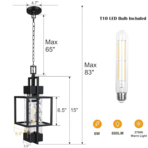 PARTPHONER Motion Sensor 15" Outdoor Pendant Light Exterior Hanging Lantern, Modern Black Metal Outside Chandelier Light Fixture Ceiling Mount with Water Glass for Front Porch Entrance Foyer Entryway - Image 3