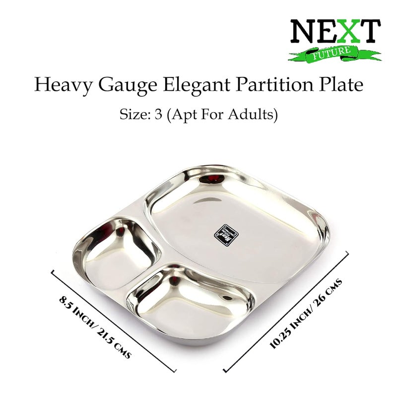 Next Future Set of 6 20 Gauge Heavy Duty Mirror Polish 3 in 1 Partition Plate Stainless Steel Kitchen and Dining Deep Compartment Divided Dynasty PlateThaliBhojan Patra Medium 6 - Image 2