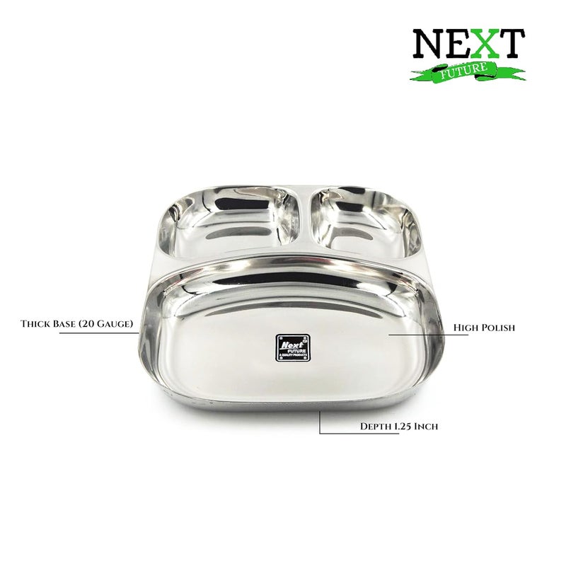 Next Future Set of 6 20 Gauge Heavy Duty Mirror Polish 3 in 1 Partition Plate Stainless Steel Kitchen and Dining Deep Compartment Divided Dynasty PlateThaliBhojan Patra Medium 6 - Image 3