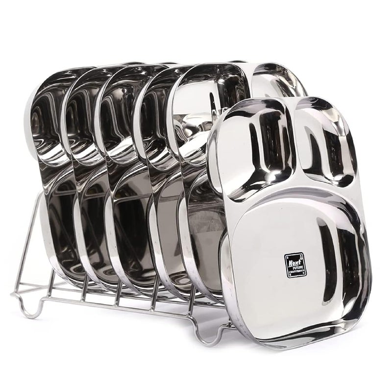 Next Future Set of 6 20 Gauge Heavy Duty Mirror Polish 3 in 1 Partition Plate Stainless Steel Kitchen and Dining Deep Compartment Divided Dynasty PlateThaliBhojan Patra Medium 6 - Image 1