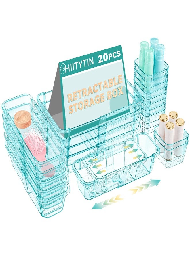 Hiitytin 20 Pcs Adjustable Clear Drawer Organizer, Extendable Vanity Storage Bins, Desk Drawer Organizer Set for Makeup, Cosmetics, Bedroom, and Gadgets, Blue - Image 1