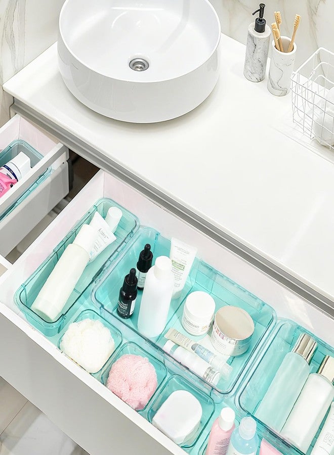 Hiitytin 20 Pcs Adjustable Clear Drawer Organizer, Extendable Vanity Storage Bins, Desk Drawer Organizer Set for Makeup, Cosmetics, Bedroom, and Gadgets, Blue - Image 5