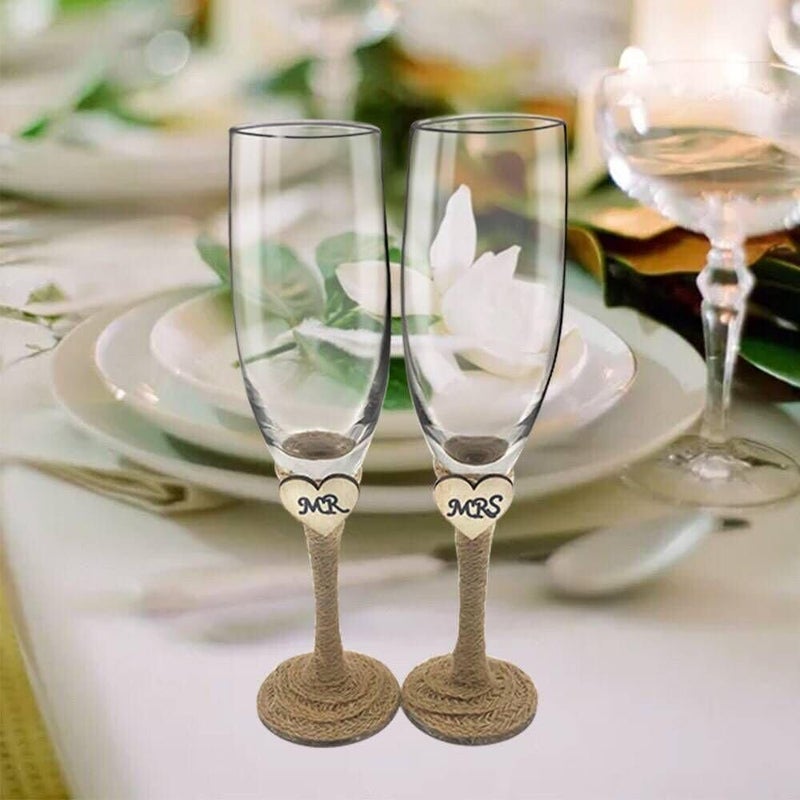 senover Set of 2 Rustic Champagne Flute GlassesMr and Mrs Champagne GlassesBride and Groom Wedding Toasting Glasses Drinking Glasses Engraved Heart for Engagement Wedding Gift Anniversary Present - Image 3