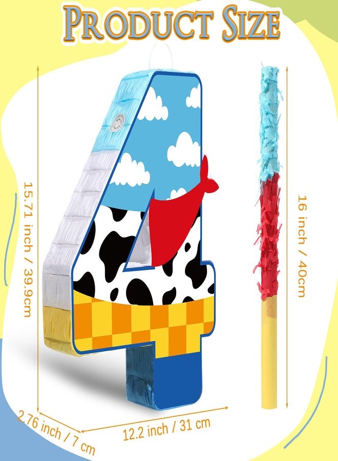 Hungdao Toy Inspired Birthday Piñata for Kids Cartoon Cow Number Piñata Decorations Summer Cartoon Story Game with Stick Red Scarf Blue Sky Cloud Boys Girls Baby Shower Farm Party Favor(Number 4) - Image 2